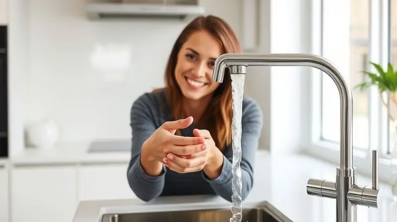 Pessoa sorrindo satisfeita ao usar uma torneira elétrica em uma cozinha moderna e iluminada, representando a escolha ideal do produto.