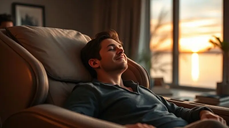 Homem relaxando de olhos fechados em uma poltrona de massagem, ao lado de uma janela com um pôr do sol, em um ambiente tranquilo e aconchegante.