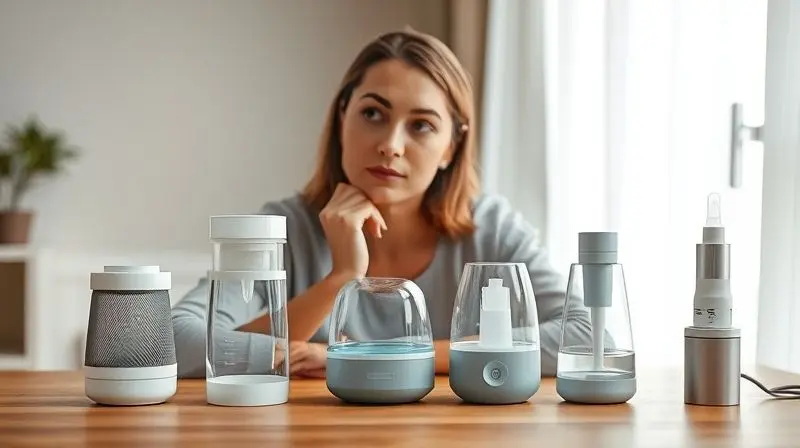 A person with a thoughtful expression comparing three different types of nebulizers (a compact mesh, a tabletop pneumatic, an