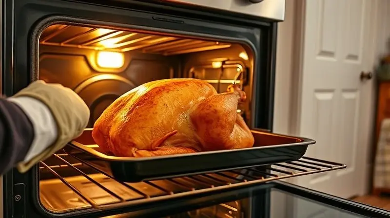 A person with oven mitts is pulling a very large, perfectly roasted turkey out of a spacious, well-lit oven. The shot is take