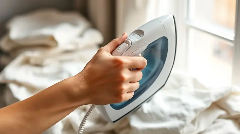 Mão segurando um ferro de passar com design ergonômico, destacando o conforto e a facilidade de uso do aparelho.