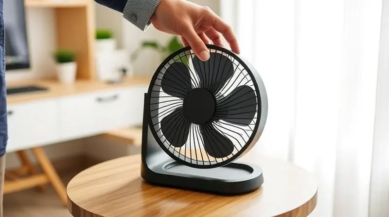 Mão segurando um ventilador de design moderno e portátil, levantando-o com facilidade de uma mesa em um escritório.