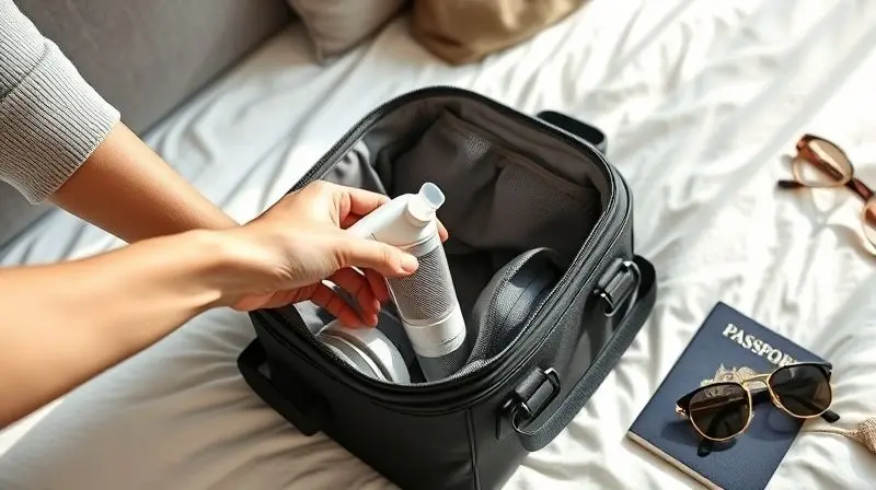A person's hand easily packing a small, sleek portable mesh nebulizer into a travel bag alongside a passport and sunglasses o