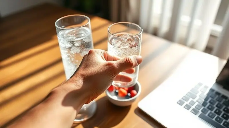 Mão de uma pessoa pegando um copo de água em uma mesa de trabalho, com um lembrete visual para se manter hidratado durante o dia.