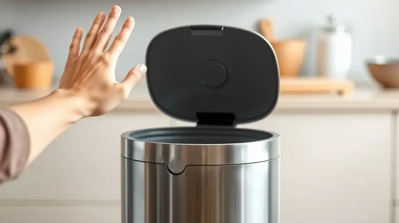 Pessoa mostrando que a lixeira automática com sensor é higiênica, acenando para abrir a tampa sem tocá-la.