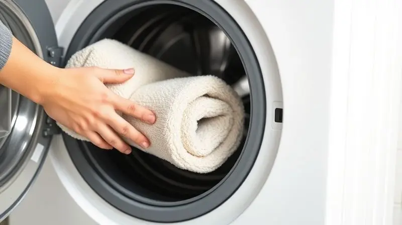 Mãos de uma pessoa colocando um tapete de banheiro limpo dentro de uma máquina de lavar moderna, ilustrando a facilidade de cuidado.