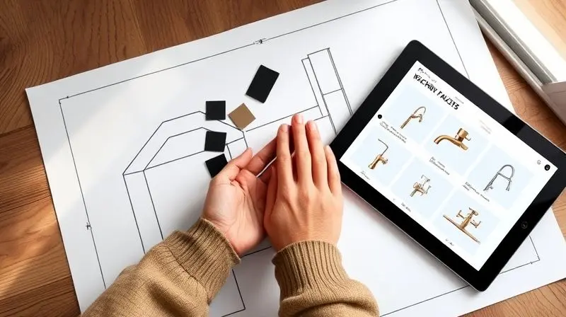 A person's hands are seen from a top-down perspective, resting on an architectural drawing of a kitchen island. On the drawin