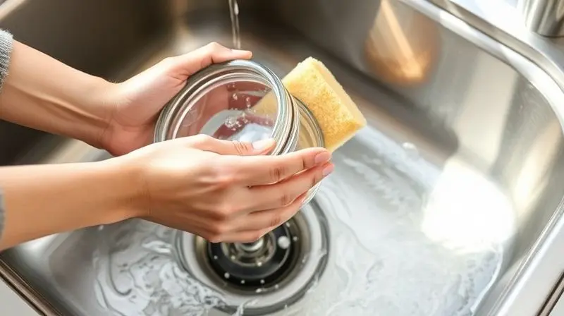 Mãos lavando cuidadosamente um pote hermético de vidro e sua tampa em uma pia de cozinha, demonstrando a limpeza e manutenção do produto.