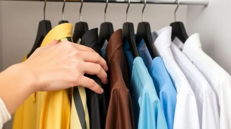Mãos organizando camisas por cor em cabides idênticos, otimizando o espaço do guarda-roupa de forma visualmente coesa.