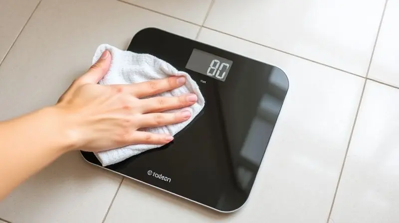 Mãos limpando uma balança digital com um pano macio para garantir sua conservação e precisão, sobre um piso plano.