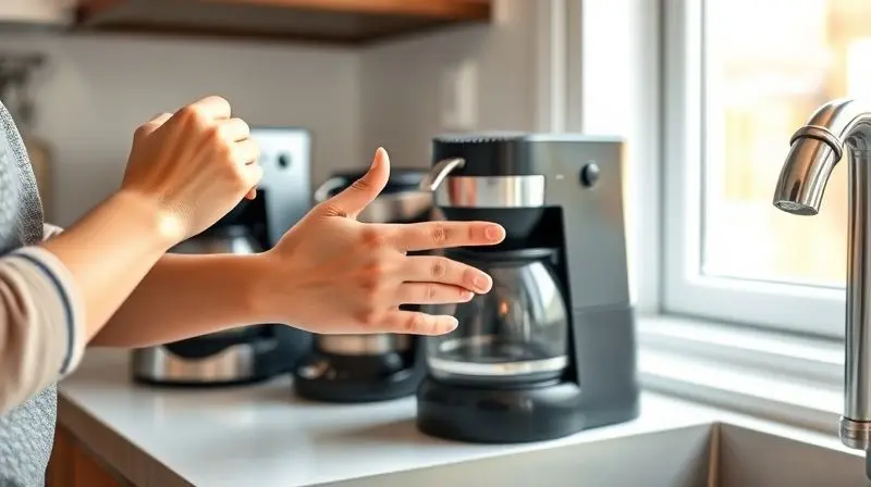 Pessoa analisando vários modelos de cafeteiras elétricas em uma bancada de cozinha, em processo de escolha.