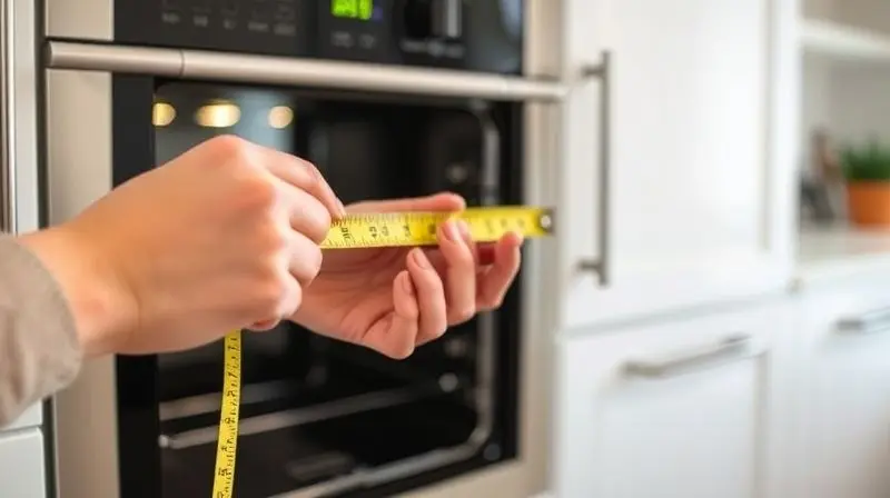 Pessoa medindo o espaço em um armário de cozinha para instalar um forno elétrico de embutir.