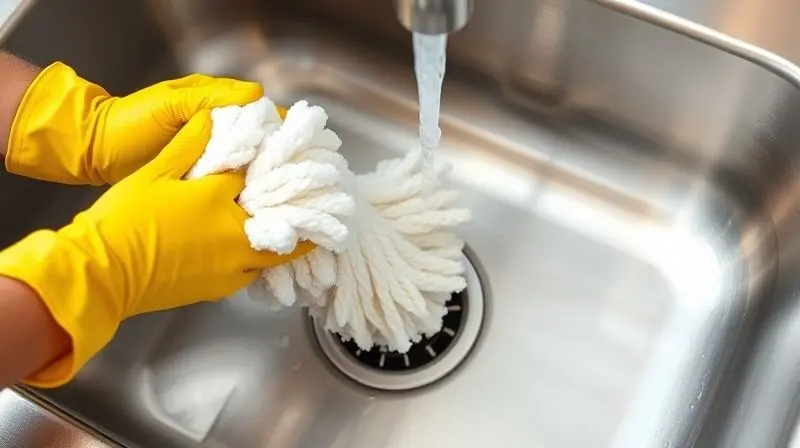 Mãos com luvas de borracha enxaguando um refil de mop limpo em uma pia de inox, ilustrando a manutenção e limpeza correta do acessório.