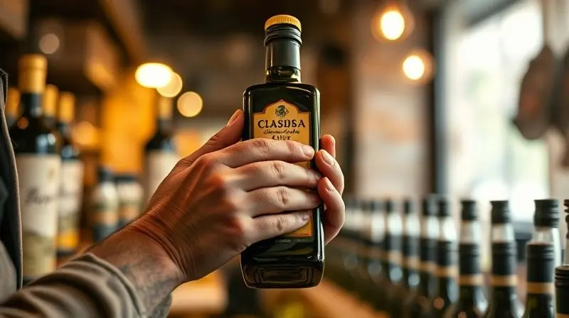 A photorealistic, artistic shot of a person's hands carefully examining the label of an artisanal olive oil bottle in a well-