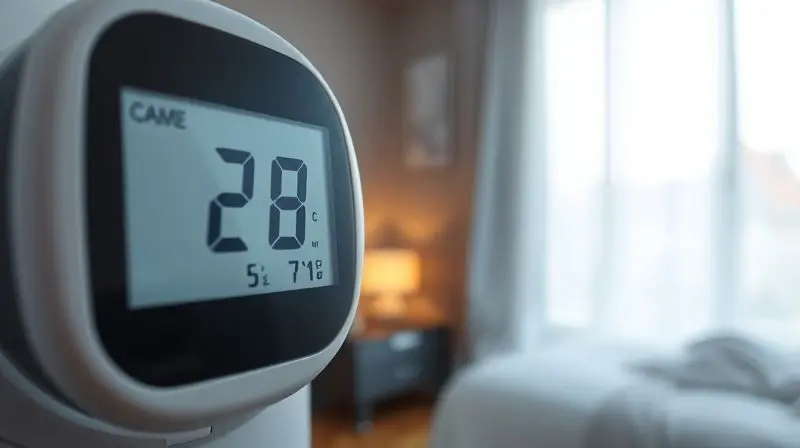A photorealistic close-up of a digital thermometer showing a comfortable, cool temperature, with the blurred background of a 