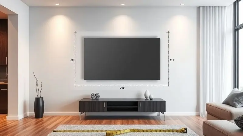 A photorealistic image of a modern living room with a ghost-like, semi-transparent outline of a 65-inch TV on a wall, with di