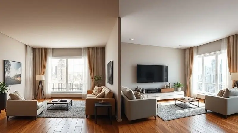 A photorealistic image showing two identical living rooms side-by-side, one with a 55-inch TV and one with a 65-inch TV, to v