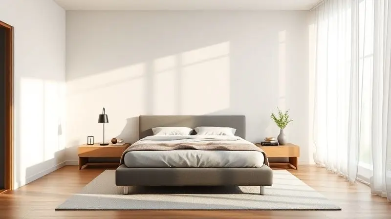 A photorealistic shot of a modern, minimalist bedroom with a stylish box bed as the centerpiece, bathed in soft morning light