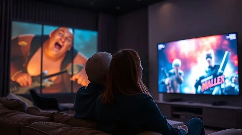 A photorealistic wide shot of a couple with expressions of awe watching a vibrant movie on a massive 65-inch television in a 
