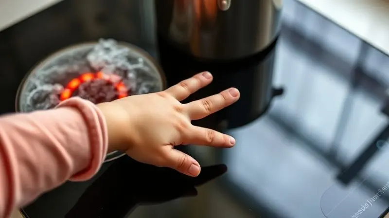 Criança tocando com segurança a superfície fria de um cooktop de indução enquanto uma panela ferve ao lado, destacando a segurança do aparelho.