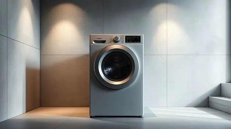 Máquina de lavar robusta em um ambiente minimalista, simbolizando a durabilidade, longevidade e a construção do aparelho.