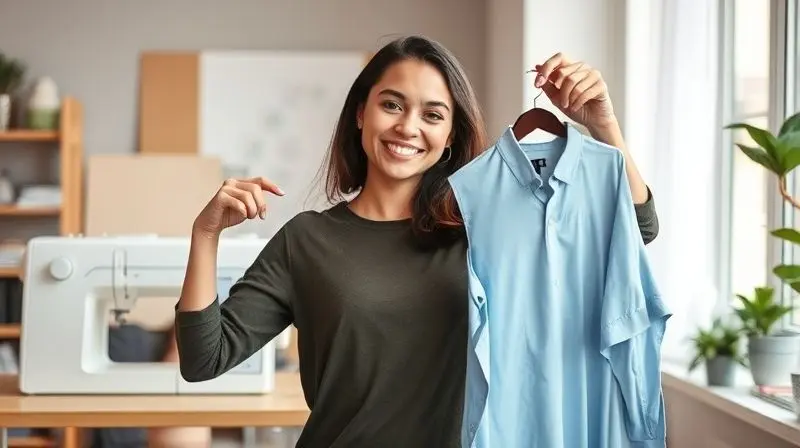 Pessoa sorrindo de satisfação ao segurar uma peça de roupa que acabou de costurar em seu ateliê.