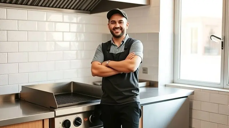 Pessoa satisfeita observando sua nova chapa em uma bancada de cozinha, representando um bom investimento para um pequeno negócio.