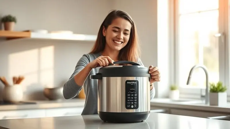 Pessoa sorrindo ao programar uma panela de pressão elétrica em uma cozinha clara, demonstrando praticidade e segurança.