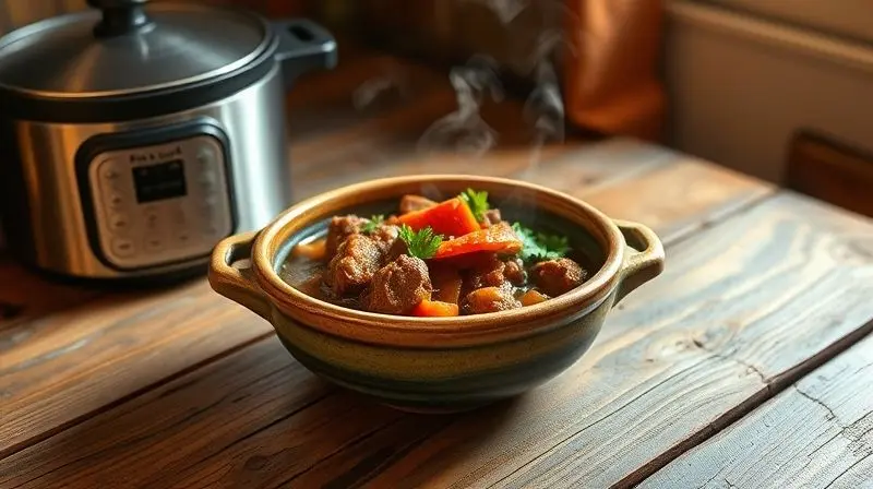 Tigela de cerâmica com uma suculenta carne de panela com legumes, servida quente e decorada com salsinha fresca.