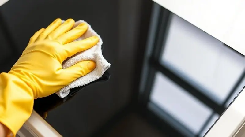 A satisfying, clean-aesthetic photo of a hand in a yellow glove wiping a pristine, shiny black induction cooktop with a soft 