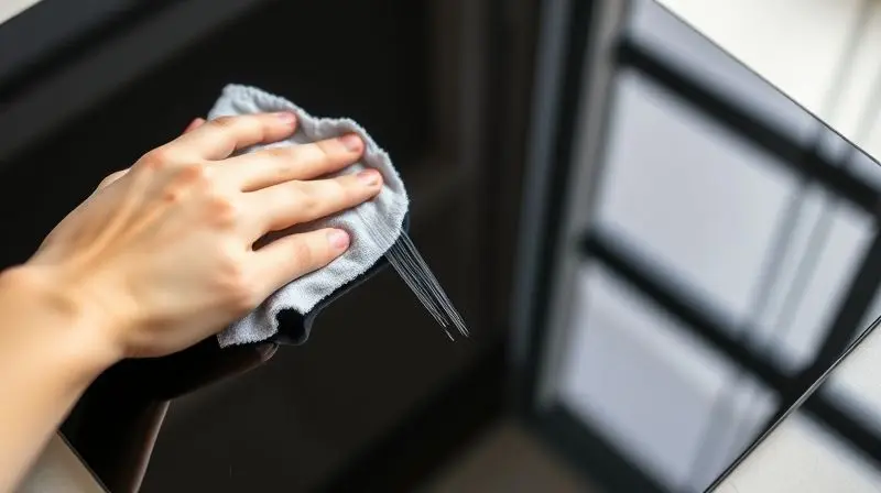 A satisfying, clean-aesthetic photograph of a hand with a microfiber cloth wiping a spotless, shiny black induction cooktop. 