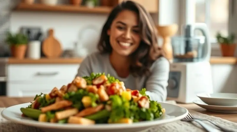 Pessoa sorrindo satisfeita na cozinha ao lado de um prato finalizado, com o processador de alimentos limpo ao fundo.