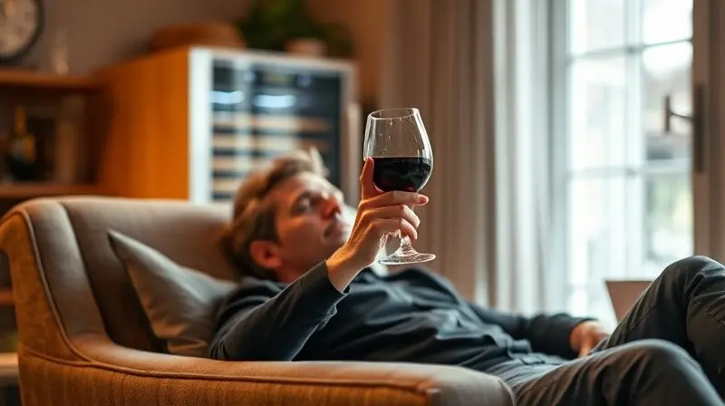 Pessoa relaxando em uma poltrona, degustando uma taça de vinho com uma adega climatizada ao fundo.