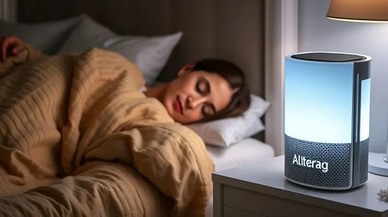 Pessoa com alergia dormindo em paz em seu quarto, com um purificador de ar ao lado da cama ajudando a garantir uma noite de sono tranquila.
