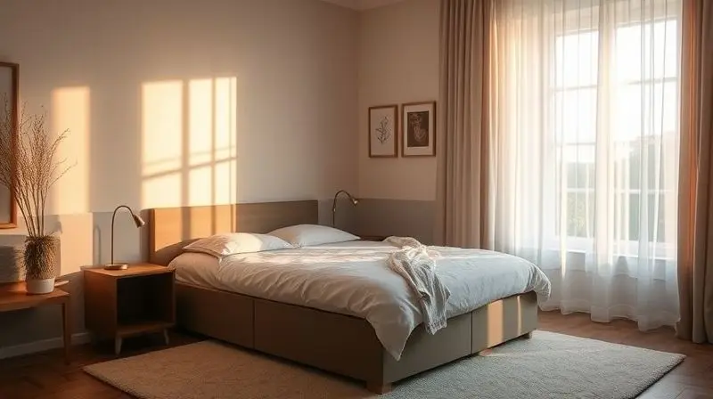 A serene and peaceful bedroom at dawn, soft light filtering through a window, highlighting a beautifully made box bed. The ov