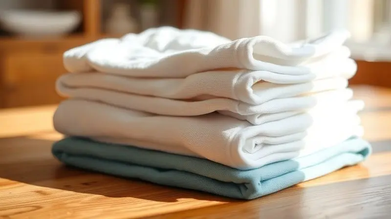 Pilha de roupas limpas e dobradas sobre uma mesa, simbolizando a conclusão bem-sucedida da lavagem.