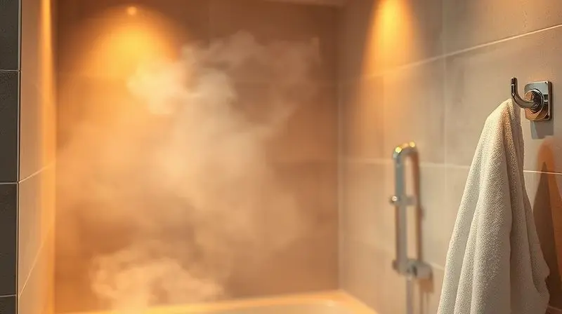 A serene and steamy modern bathroom with warm ambient lighting, steam gently rises from a shower that is just off-camera, a p