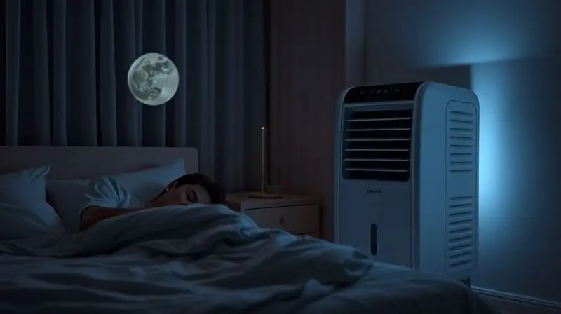 Quarto sereno com uma pessoa dormindo tranquilamente, e um climatizador de ar operando de forma silenciosa no canto do cômodo.