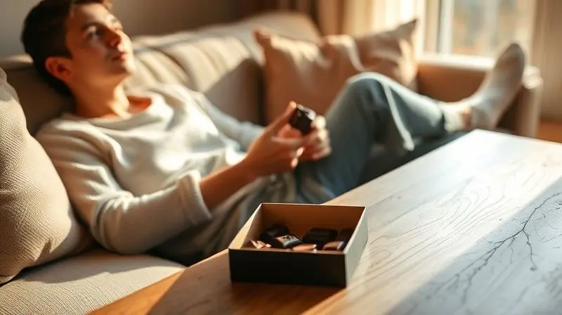Pessoa relaxando em um sofá, saboreando o último bombom de uma caixa, em uma cena que transmite satisfação e prazer ao final da experiência.