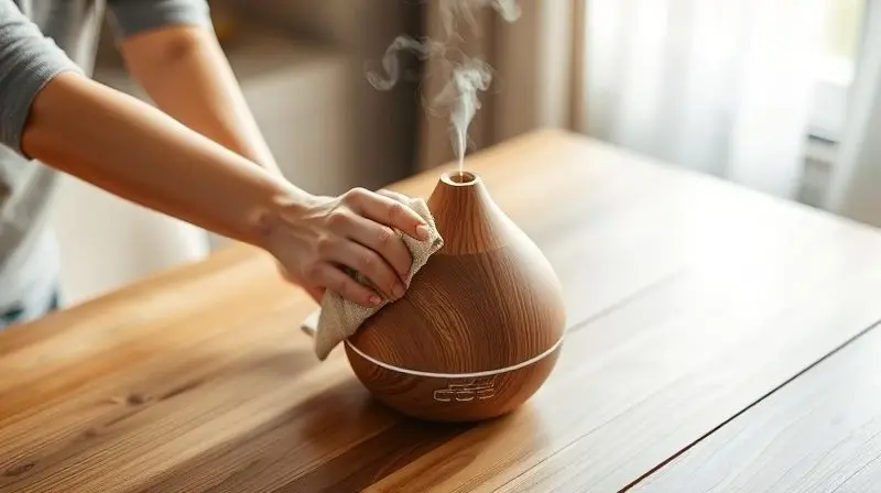 Pessoa realizando a limpeza e manutenção cuidadosa de um difusor de aromas para garantir o uso seguro do aparelho em casa.