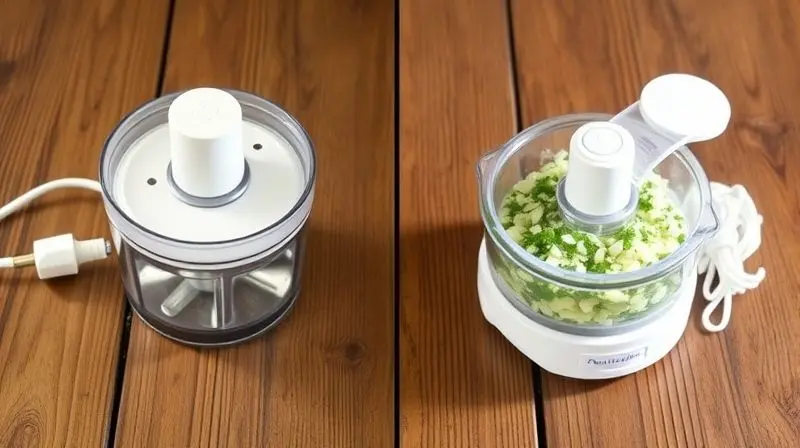 Comparativo lado a lado entre um mini processador elétrico moderno e um modelo manual com puxador de corda.