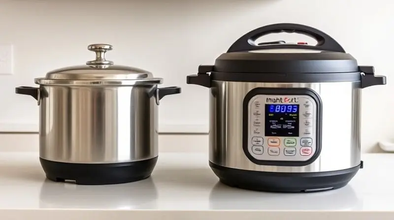 Comparativo lado a lado de uma panela de pressão tradicional de fogão e uma panela de pressão elétrica digital.