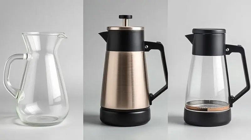 Comparativo lado a lado de três jarras de cafeteira: uma de vidro, uma de inox e uma de plástico preto.