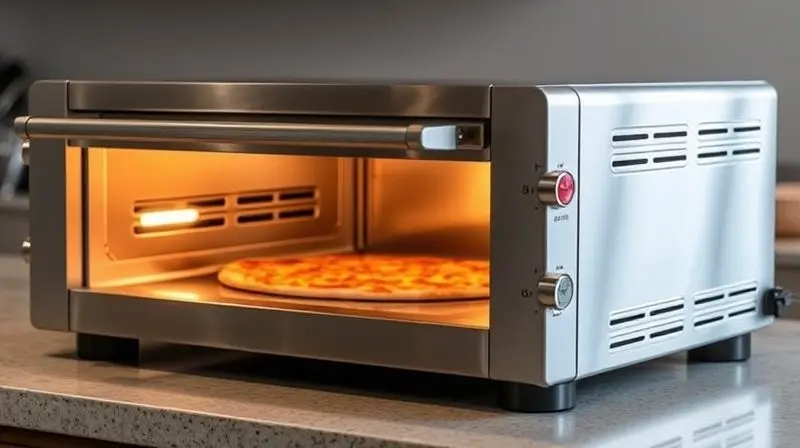 A sleek and modern stainless steel pizza oven sits on a countertop, with subtle integrated LED lights highlighting its contro