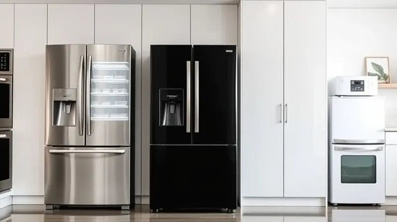 A sleek, artistic composition showcasing three different refrigerator types in a modern designer kitchen: a stainless steel F