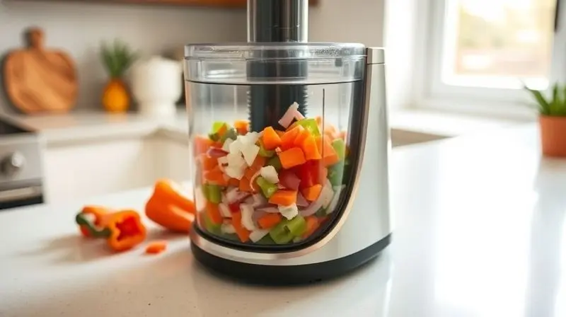 Mini processador de alimentos em ação, picando vegetais frescos em uma bancada de cozinha iluminada.