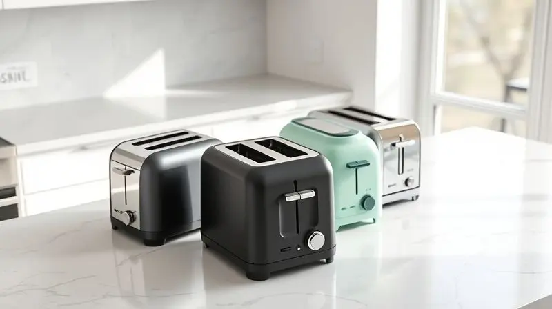 Três torradeiras com design moderno em preto, verde e cromado, dispostas elegantemente sobre uma bancada de cozinha de mármore branco.