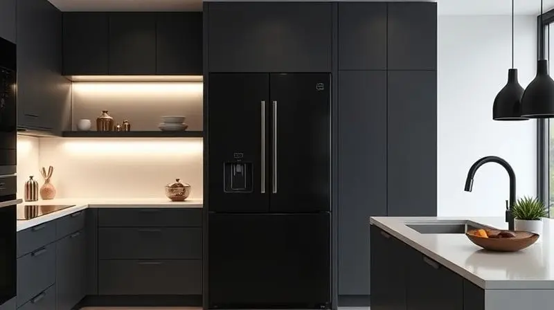 A sleek, minimalist kitchen of the future featuring a matte black refrigerator with no handles, seamlessly integrated into th