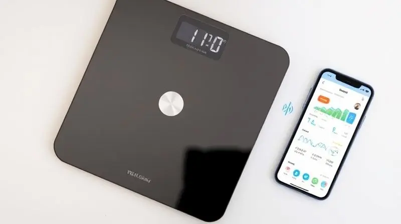 Balança digital moderna ao lado de um smartphone com aplicativo de saúde aberto, mostrando a conectividade entre os aparelhos.