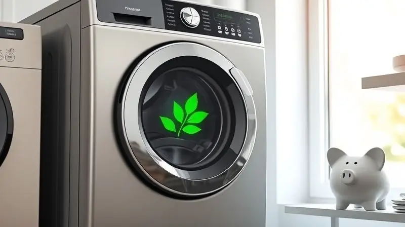 Máquina de lavar frontal moderna com um símbolo de folha verde no visor, ao lado de um cofrinho, simbolizando eficiência energética e economia.